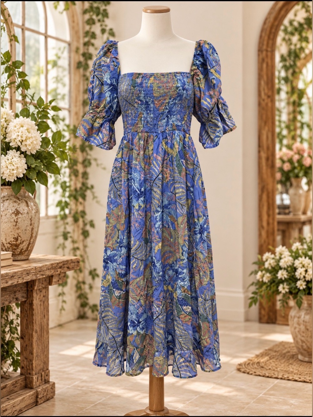 Olivaceous Blue Puff Sleeve Sundress size medium